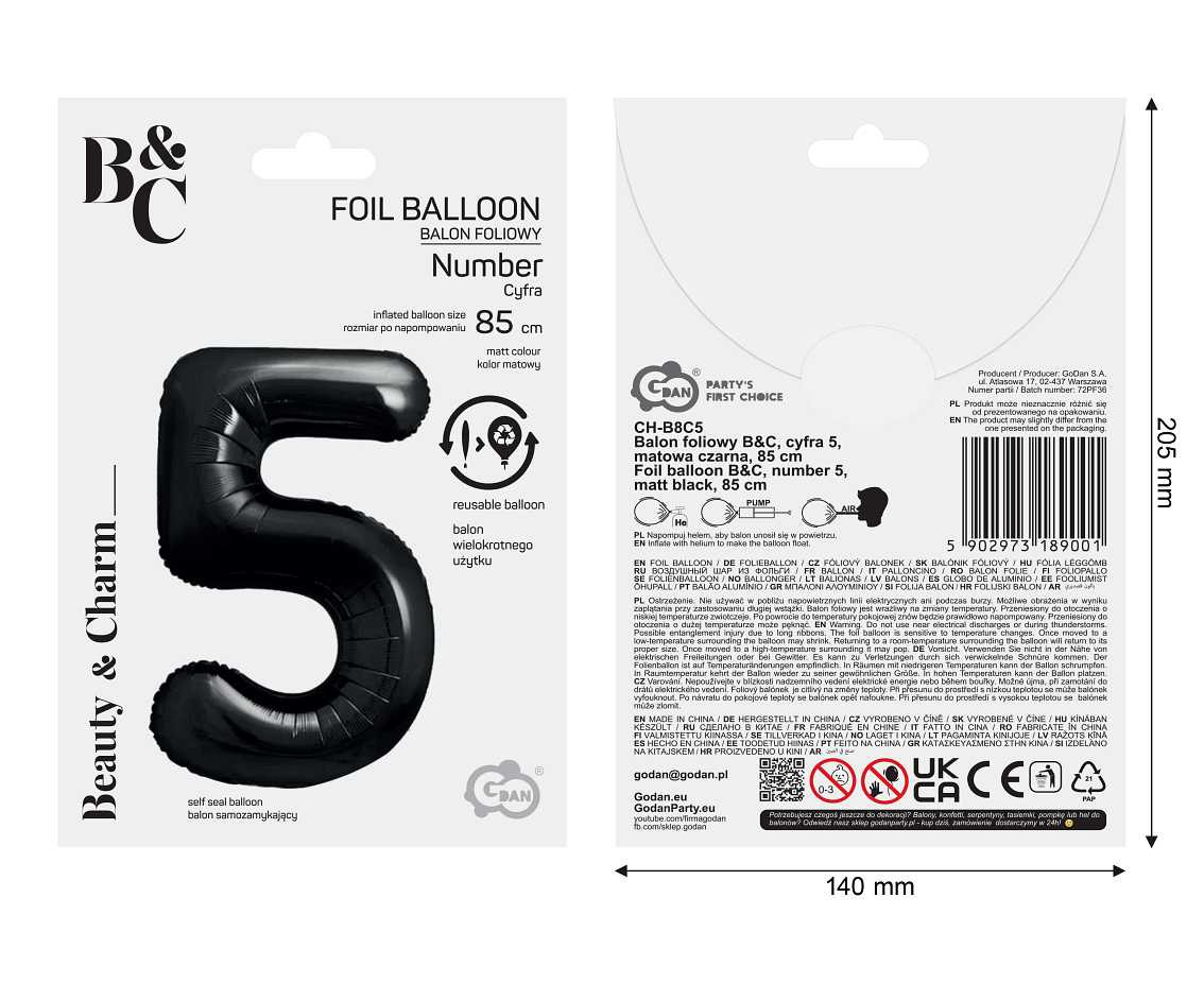 Foil balloon B&C, number 5, matt black, 85 cm